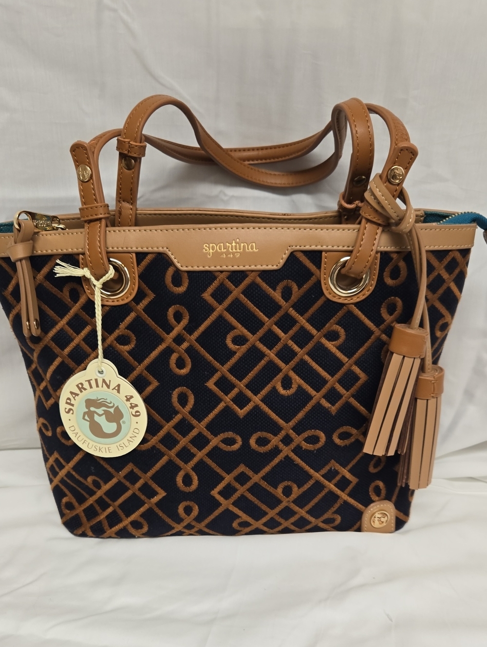 Spartina 449 Navy and Tan Patterned Tote with Tassel Charm